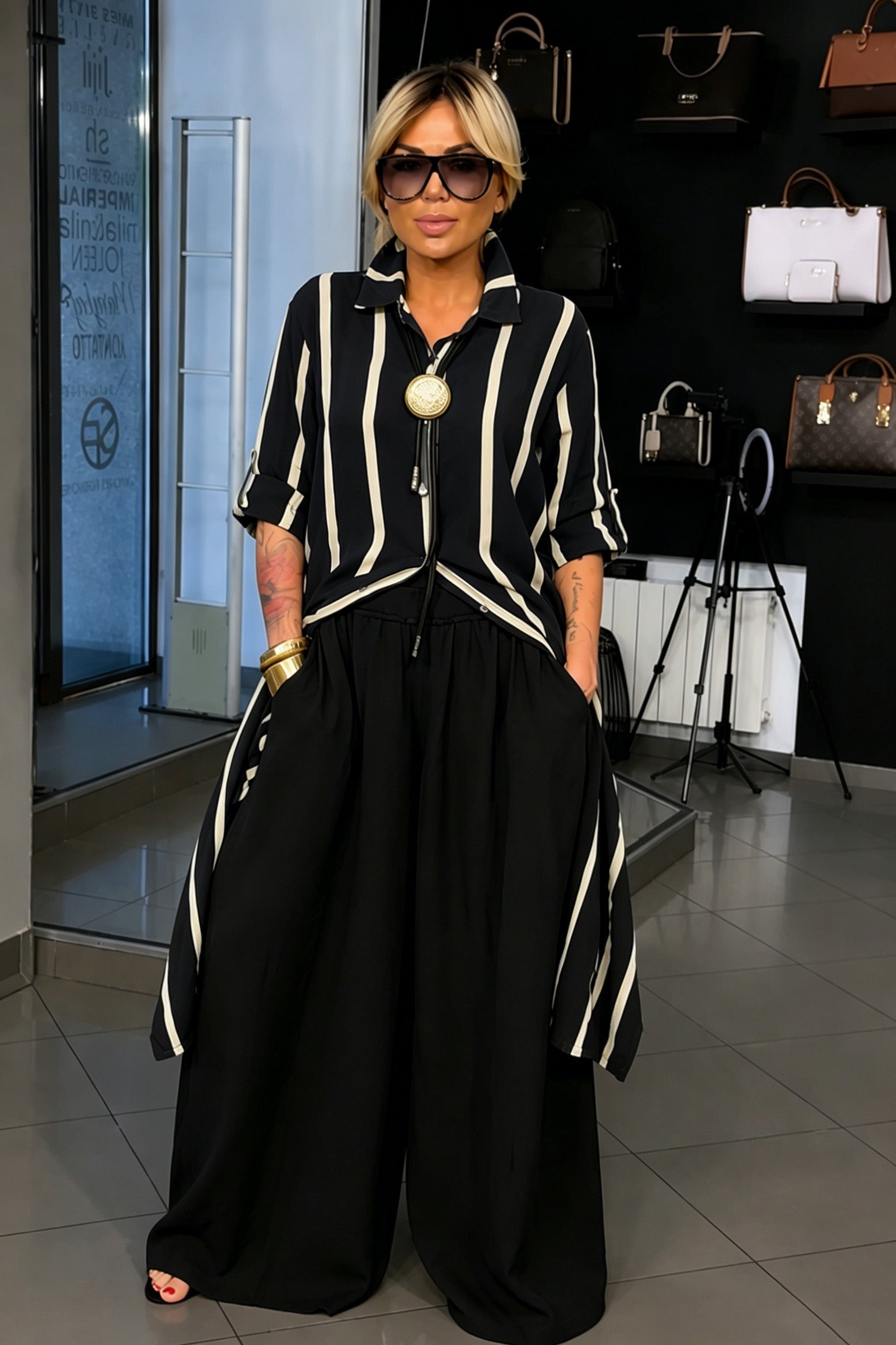 Elegant Striped Shirt & Wide-Leg Pants Two-Piece Set