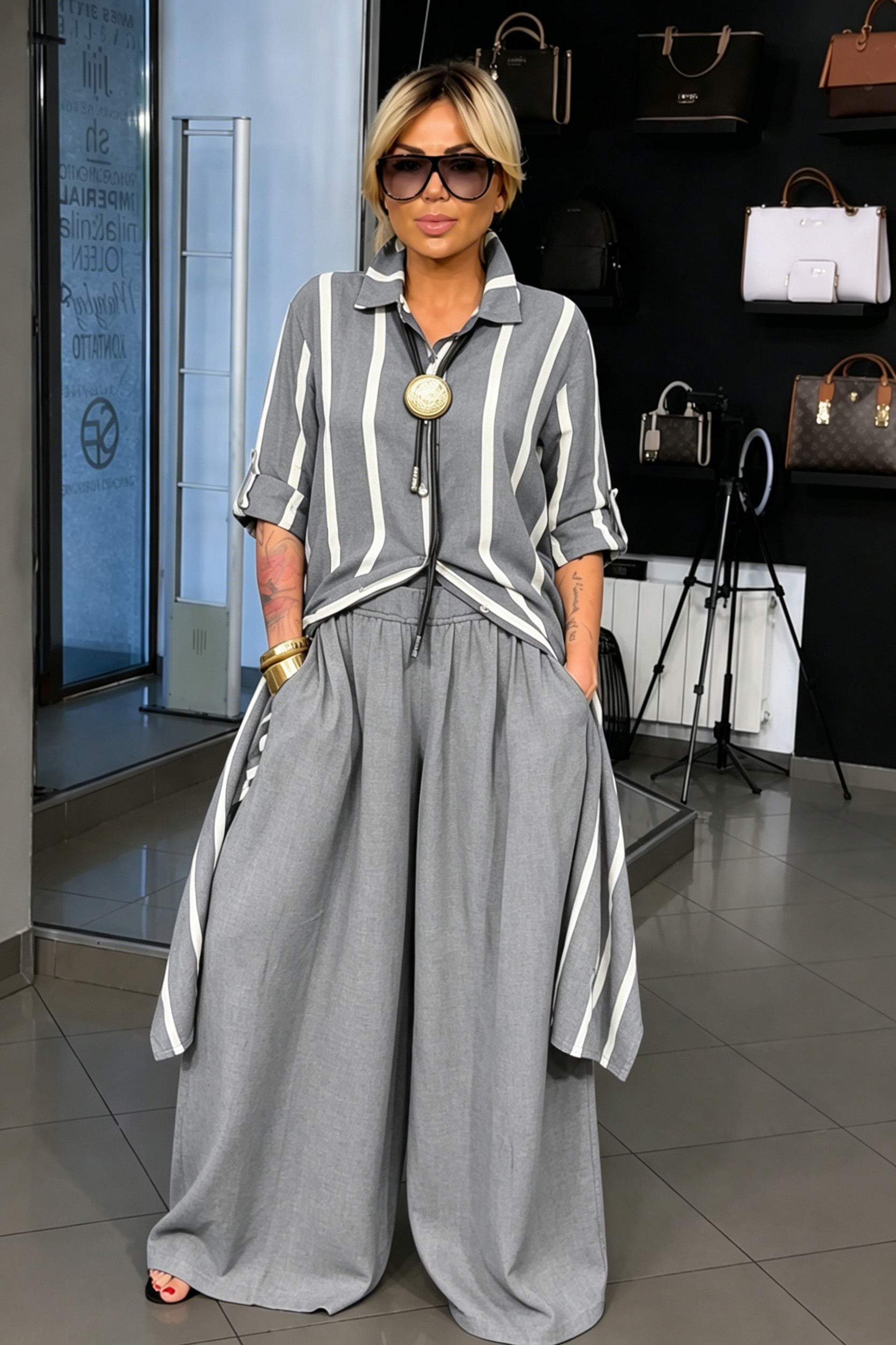 Elegant Striped Shirt & Wide-Leg Pants Two-Piece Set