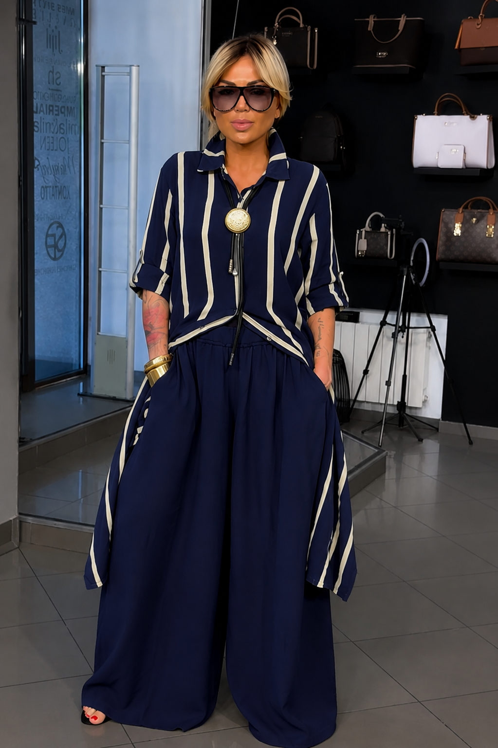 Elegant Striped Shirt & Wide-Leg Pants Two-Piece Set