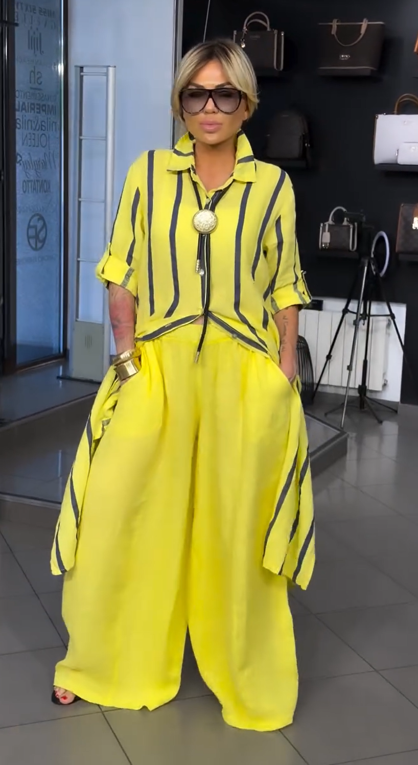 Elegant Striped Shirt & Wide-Leg Pants Two-Piece Set