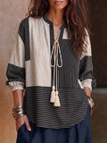 Striped Printed Stand Collar 3/4 Sleeve Casual Loose Cotton Linen Top