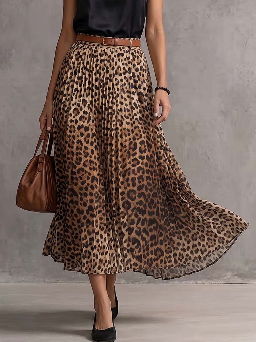Leopard Print High-waisted Casual Loose A-line Chiffon Midi Skirt