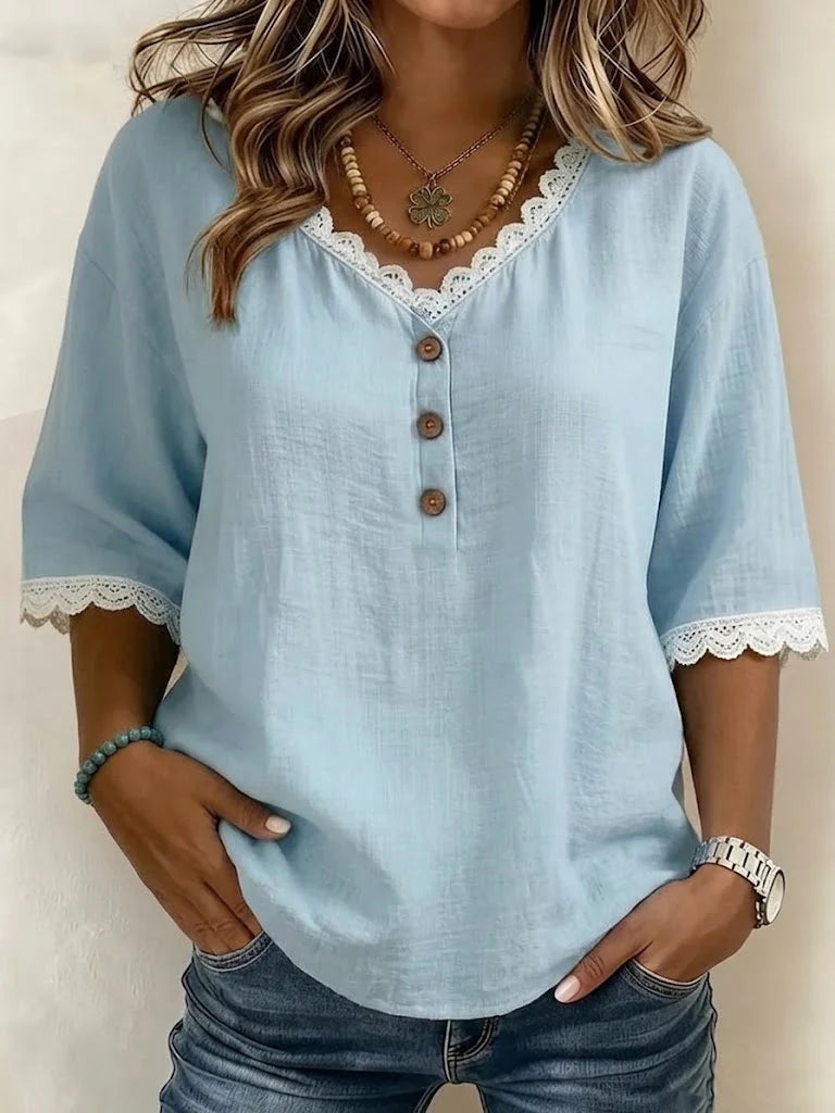 Lace Trim V-neck Half Placket Wooden Button Loose 3/4 Sleeve Linen Blend Top