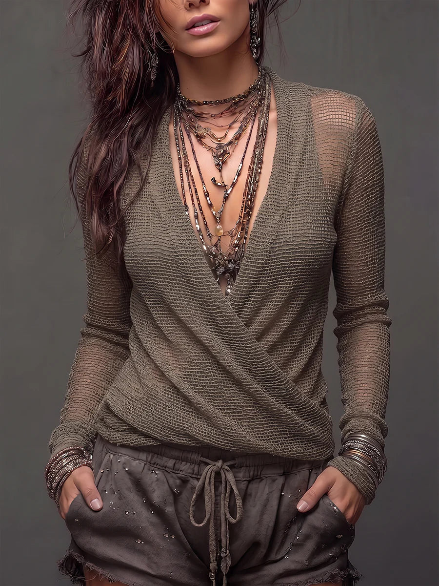 Earthy Boho-chic Wrap Knit Top