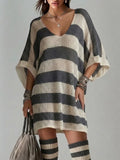 Color Block Wide Stripe Deep V Open Knit Loose Short Sleeve Tunic Mini Dress