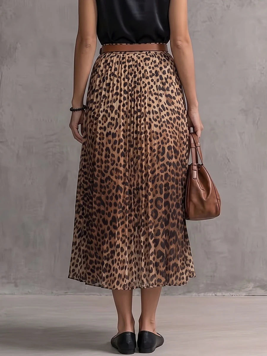 Leopard Print High-waisted Casual Loose A-line Chiffon Midi Skirt