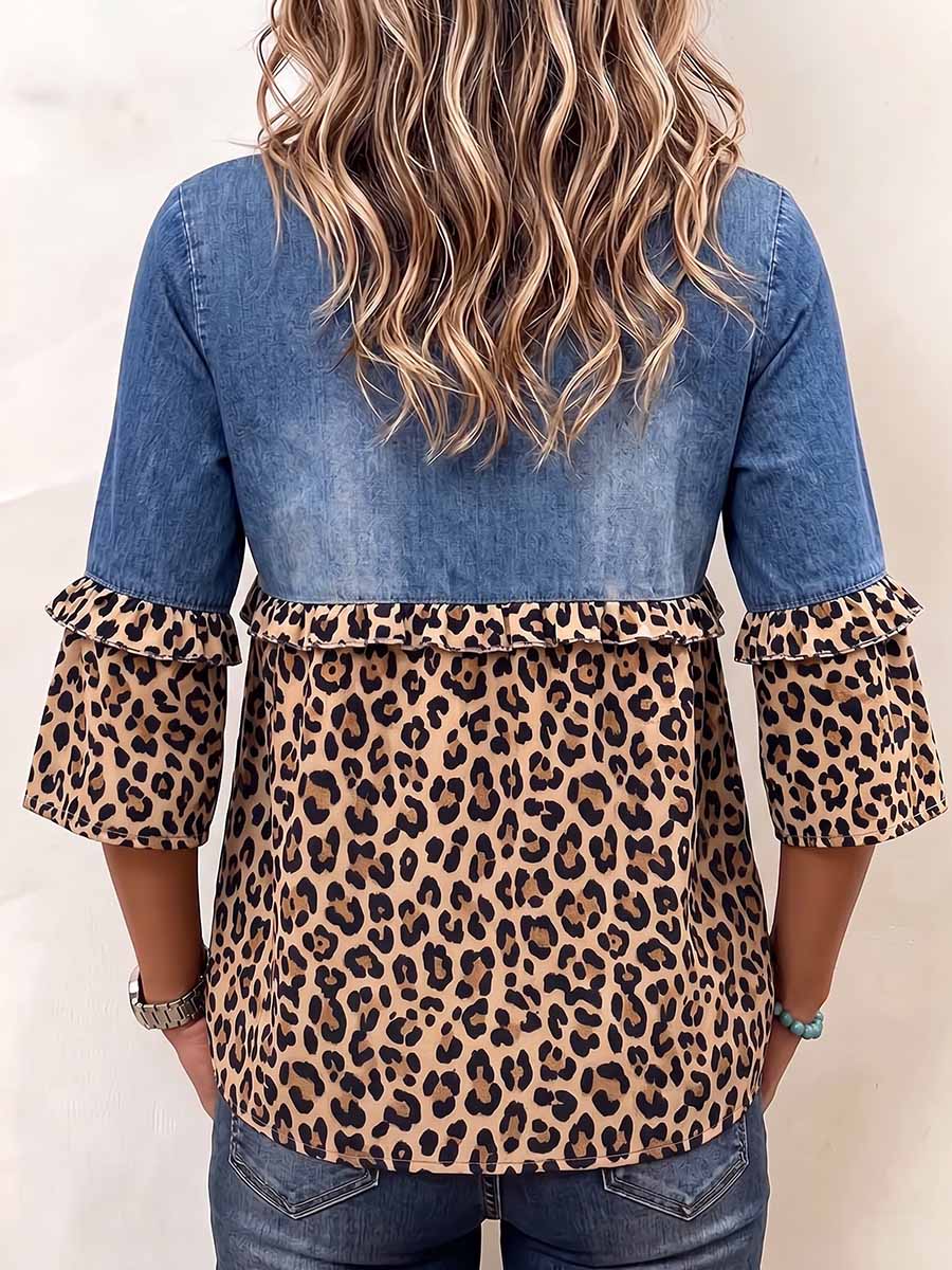 Round Neck 3/4 Sleeve Casual Loose Denim Patchwork Leopard Print Pullover Top