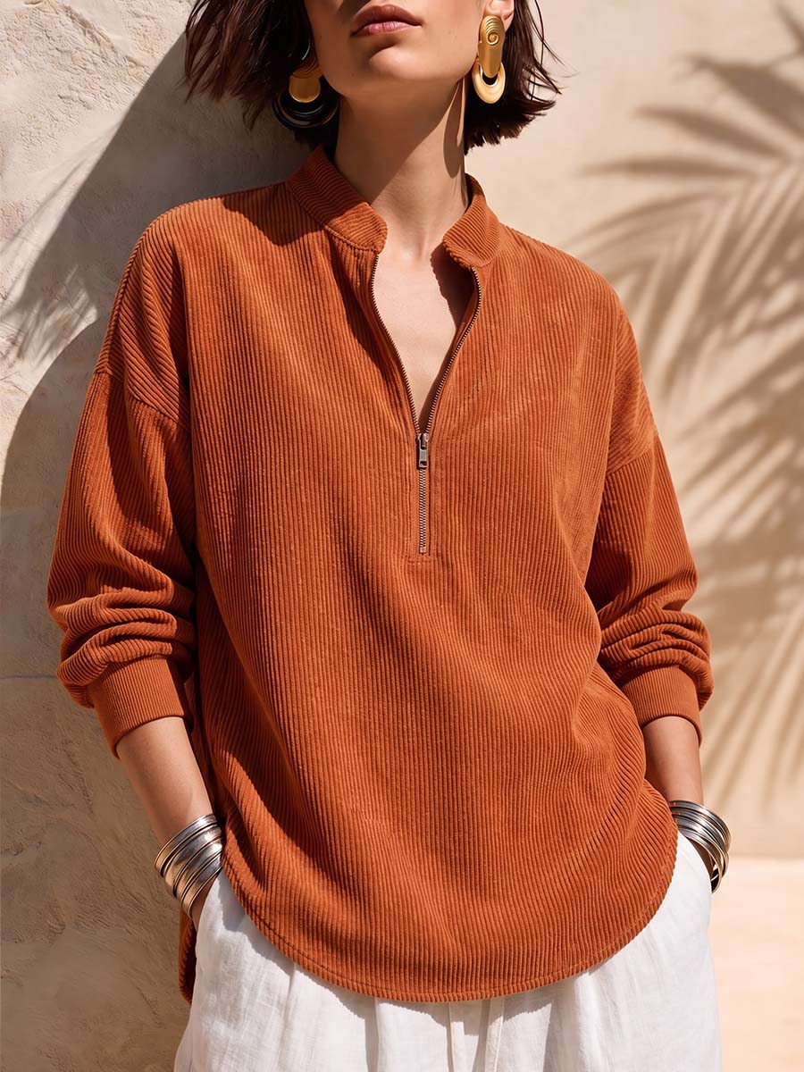 Solid Color Stand Collar Long-sleeved Casual Loose Corduroy Top