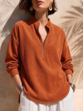 Solid Color Stand Collar Long-sleeved Casual Loose Corduroy Top