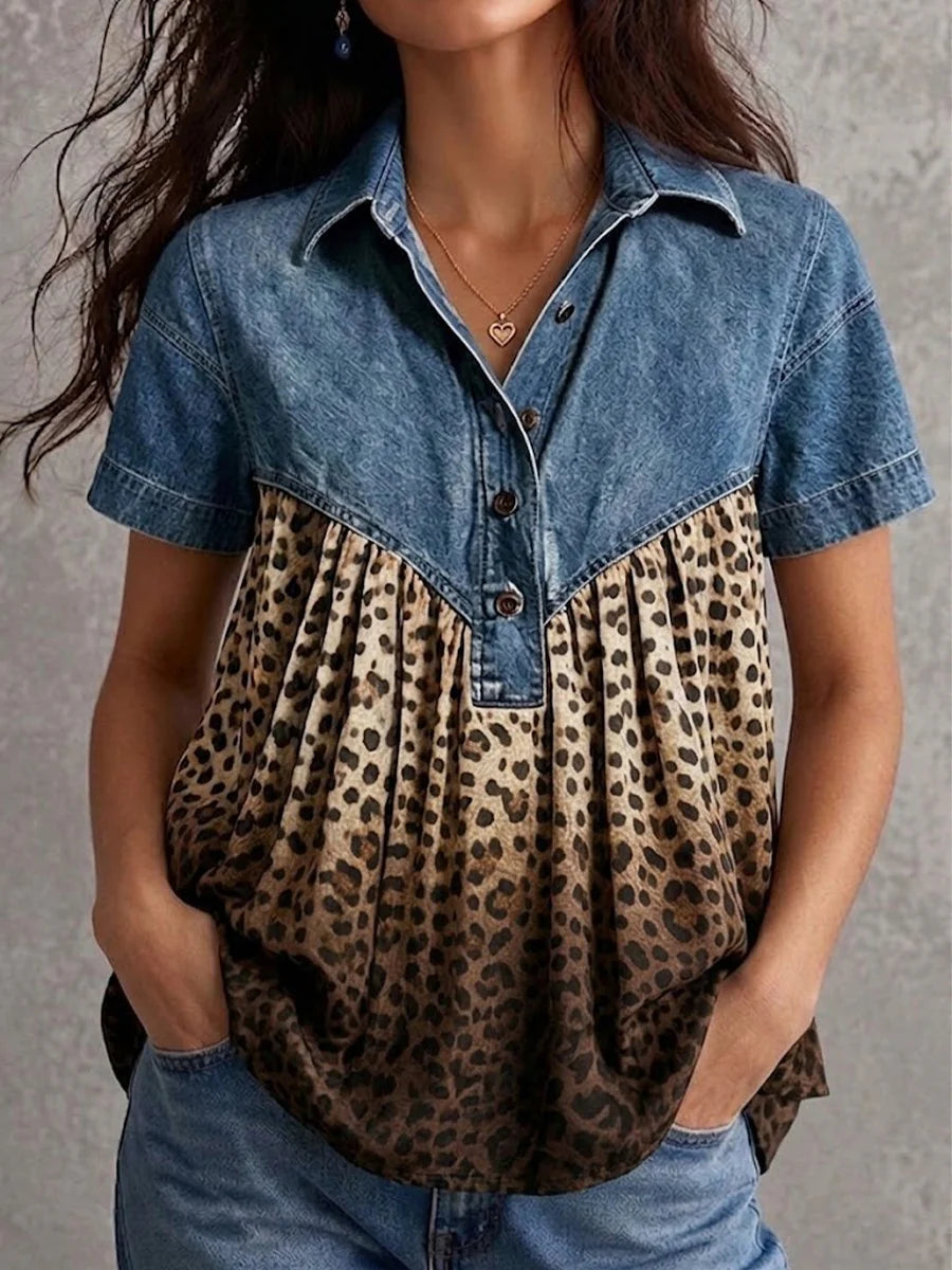 Short-sleeve Shirt With Denim Paneling And Gradient Leopard Print
