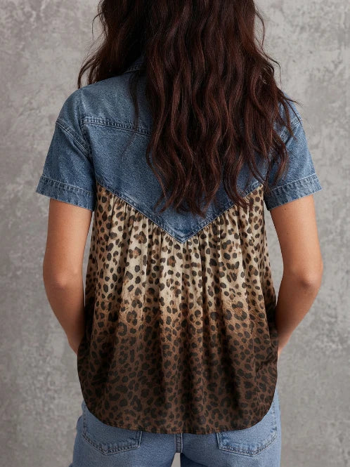 Short-sleeve Shirt With Denim Paneling And Gradient Leopard Print