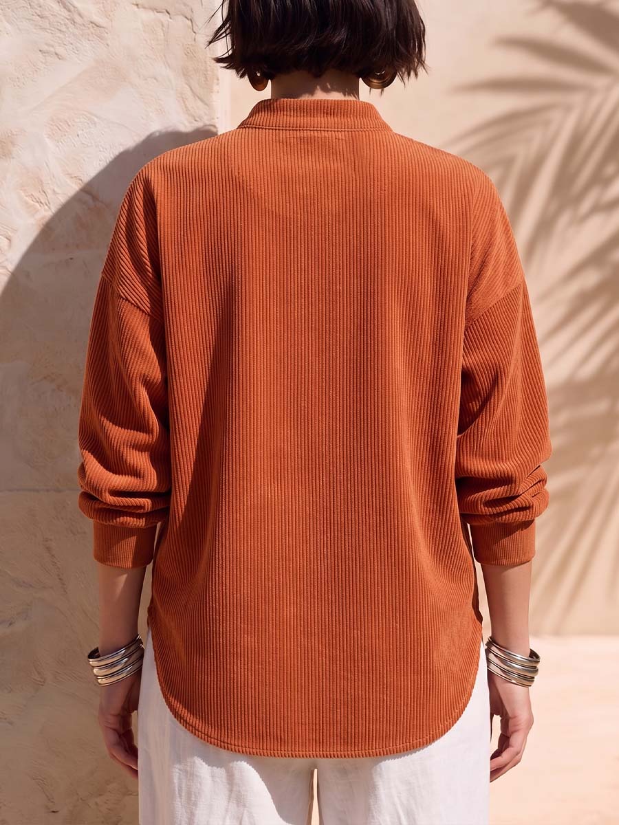 Solid Color Stand Collar Long-sleeved Casual Loose Corduroy Top