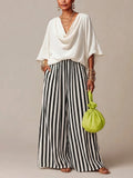 Cowl Neck Loose 3/4 Sleeve Top & Black White Vertical Stripe High Waist Wide Leg Pants Two Piece Set