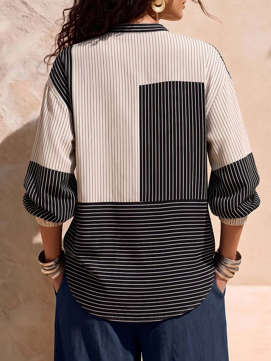 Striped Printed Stand Collar 3/4 Sleeve Casual Loose Cotton Linen Top