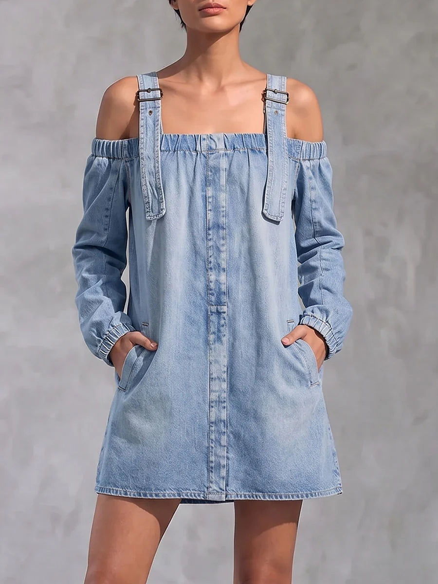 Off-shoulder Long-sleeved Denim Mini Dress