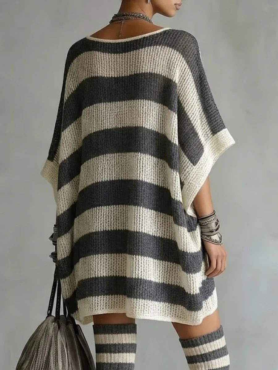 Color Block Wide Stripe Deep V Open Knit Loose Short Sleeve Tunic Mini Dress